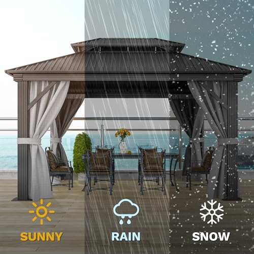 10x12ft Hardtop Gazebo Double Roof with Nettings and Curtains, Galvanized Steel Outdoor Patio N71381