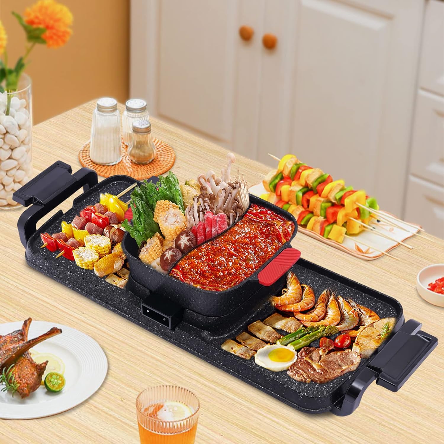 Electric Grill Hot Pot 2 in 1, Smokeless Indoor Teppanyaki with Divider D609