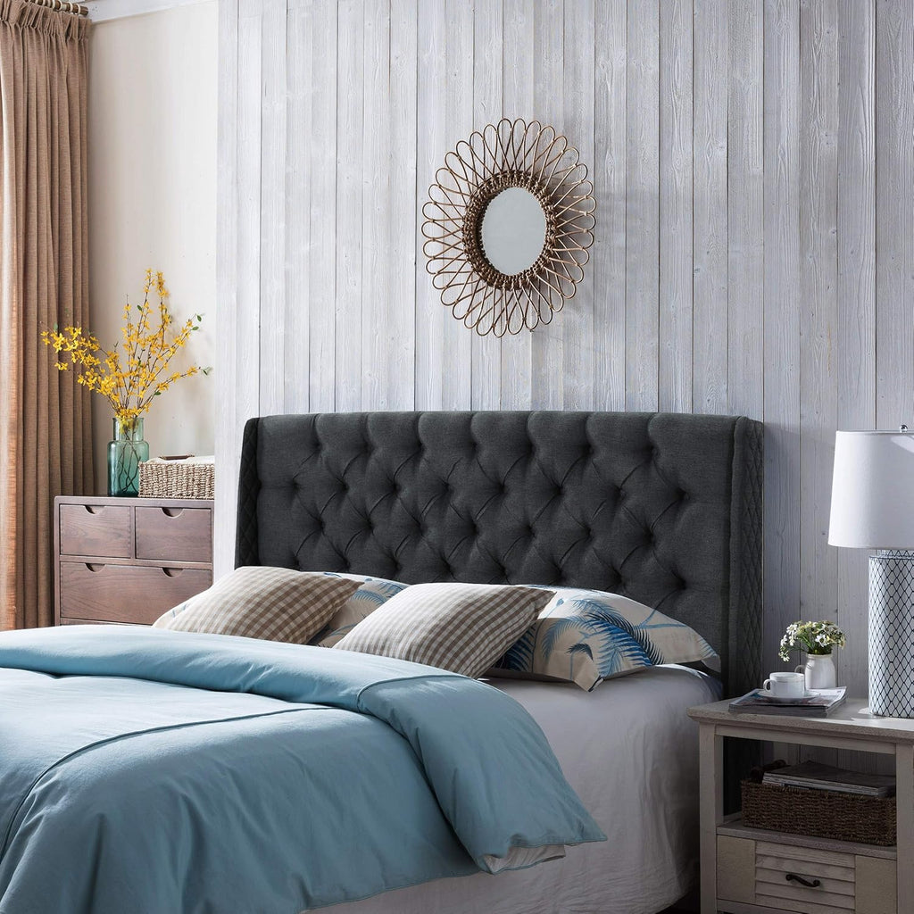 Wingback Tufted Fabric Headboard, Queen / Full, Dark Gray / Black T61067