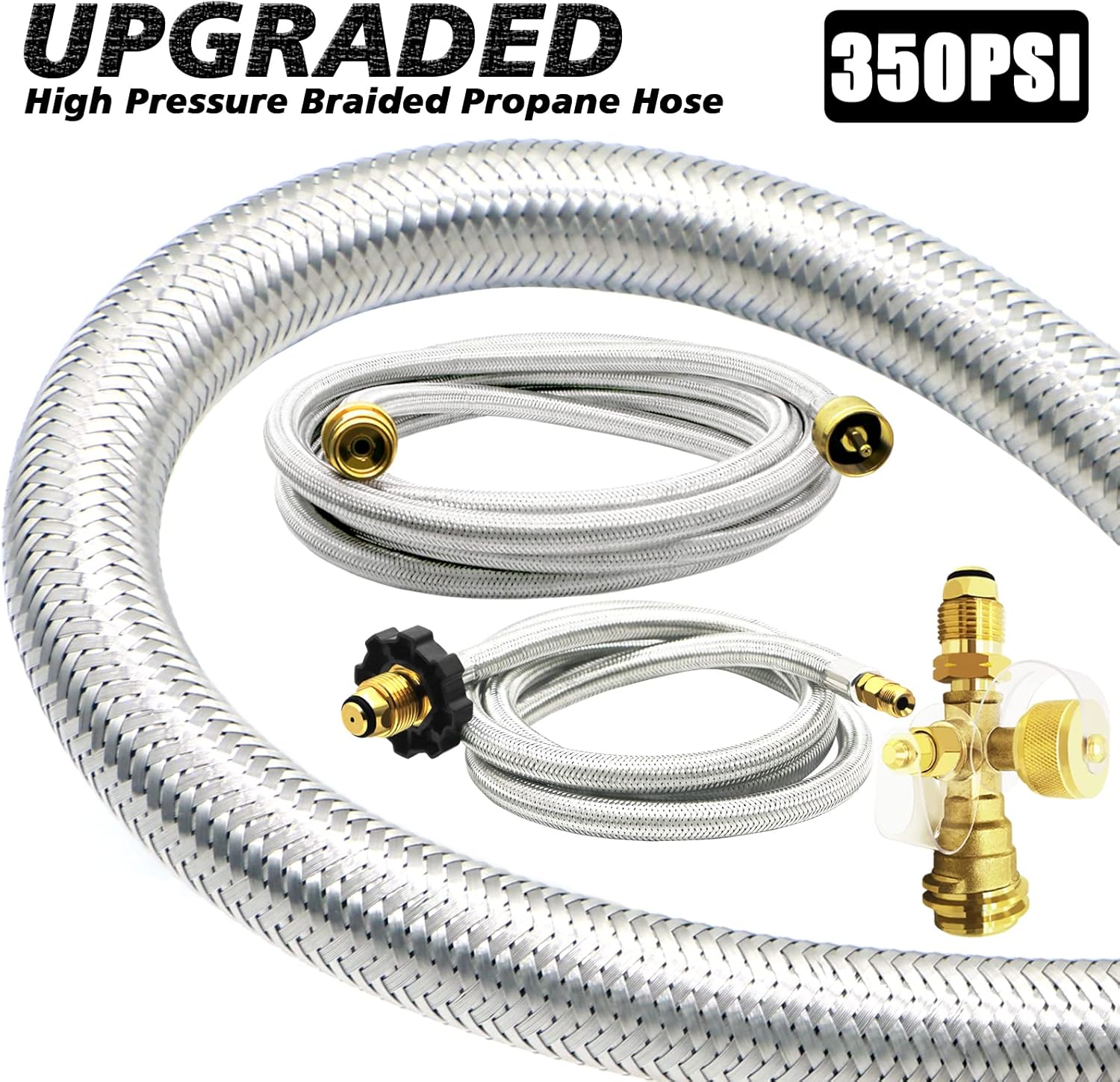 Propane Brass 4 Port Tee Kit with 5FT and 12FT Stainless Braided Hoses L58566