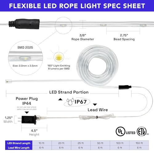 20ft Green LED Rope Light with Remote, Waterproof Outdoor Accent Lighting E76179
