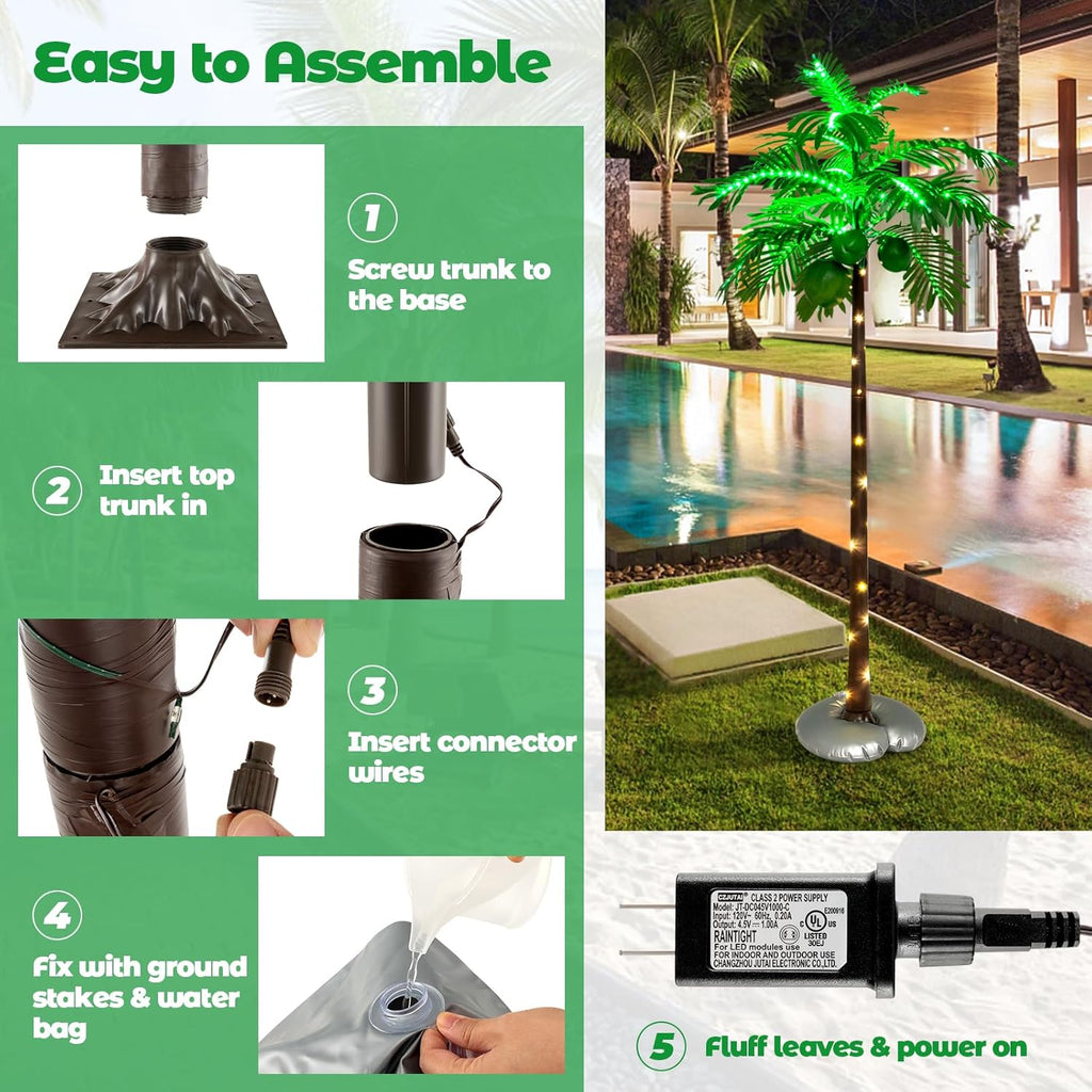 6ft Lighted Palm Tree with 3 Coconuts, 309 LED Lights, Artificial Decor for Patio, Garden, Pool G84325