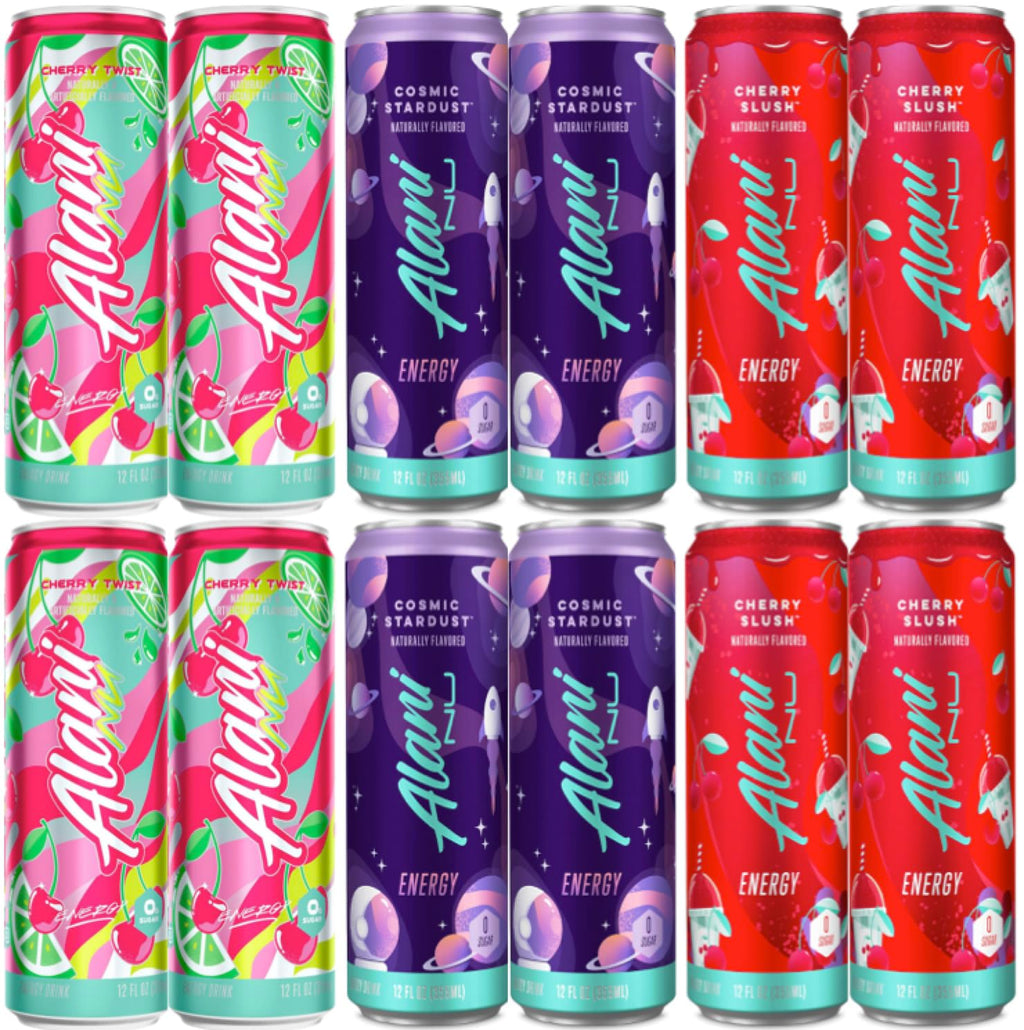 Alani Nu Sugar Free Energy Drinks 12 ounce Cans - (3 Flavor Variety Pack, 12 Cans) - Cherry Twist, Cosmic Stardust, Cherry Slush
