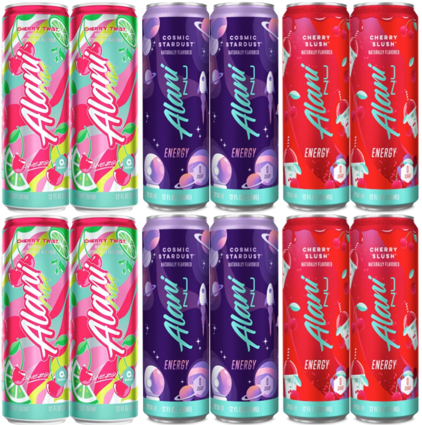 Alani Nu Sugar Free Energy Drinks 12 ounce Cans - (3 Flavor Variety Pack, 12 Cans) - Cherry Twist, Cosmic Stardust, Cherry Slush