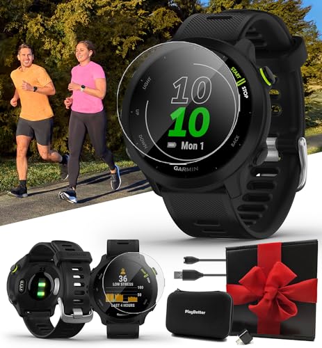 Garmin Forerunner 55 (Black) GPS Running Watch | Beginner Heart Rate Monitor Watch with Time, Pace & Speed Tracker | Gift Box Bundle Wall Adapter, Tempered Glass Screens & Case