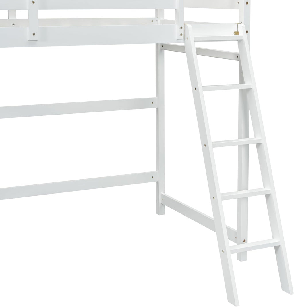 High Loft Bed with Ladder and Safety Guardrail for Kids Teens, White D580