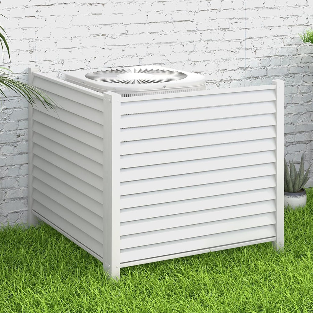 Giantex Air Conditioner Fence 2 Panels - 44''W x 45''H Outdoor Privacy Screens with 4 Metal Stakes, Decorative PVC Trash Can Enclosure, White Louvered AC Fence for Outside Unit Pool Garden Yard