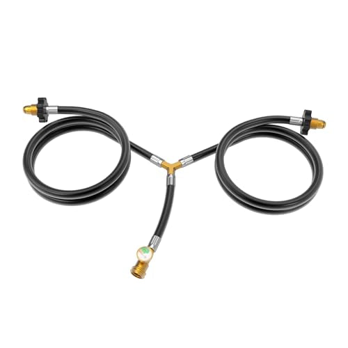 Propane Tank Splitter 2 Way with Shut Off Valve, Propane Tank Y Splitter Adapter Propane Tank Double Valve with Gauge, Propane Diverter Propane Shut Off Valve for RV, Camp Stove Grill, Heater, Burners