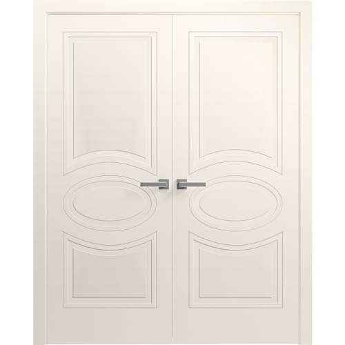 Interior Solid French Double Doors 48 x 84 inches/Mela 7001 Painted Creamy/Wood Interior Solid Panel Frame/Closet Bedroom Modern Doors