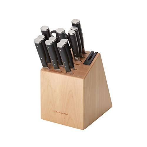 KitchenAid Gourmet Forged Triple Rivet Knife Block Set with Built-in Knife Sharpener, High Carbon Japanese Stainless Steel Kitchen Knives, Sharp Kitchen Knife Set with Block, Birchwood,14-Piece, Black