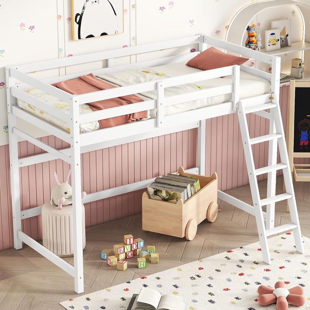 High Loft Bed with Ladder and Safety Guardrail for Kids Teens, White D580