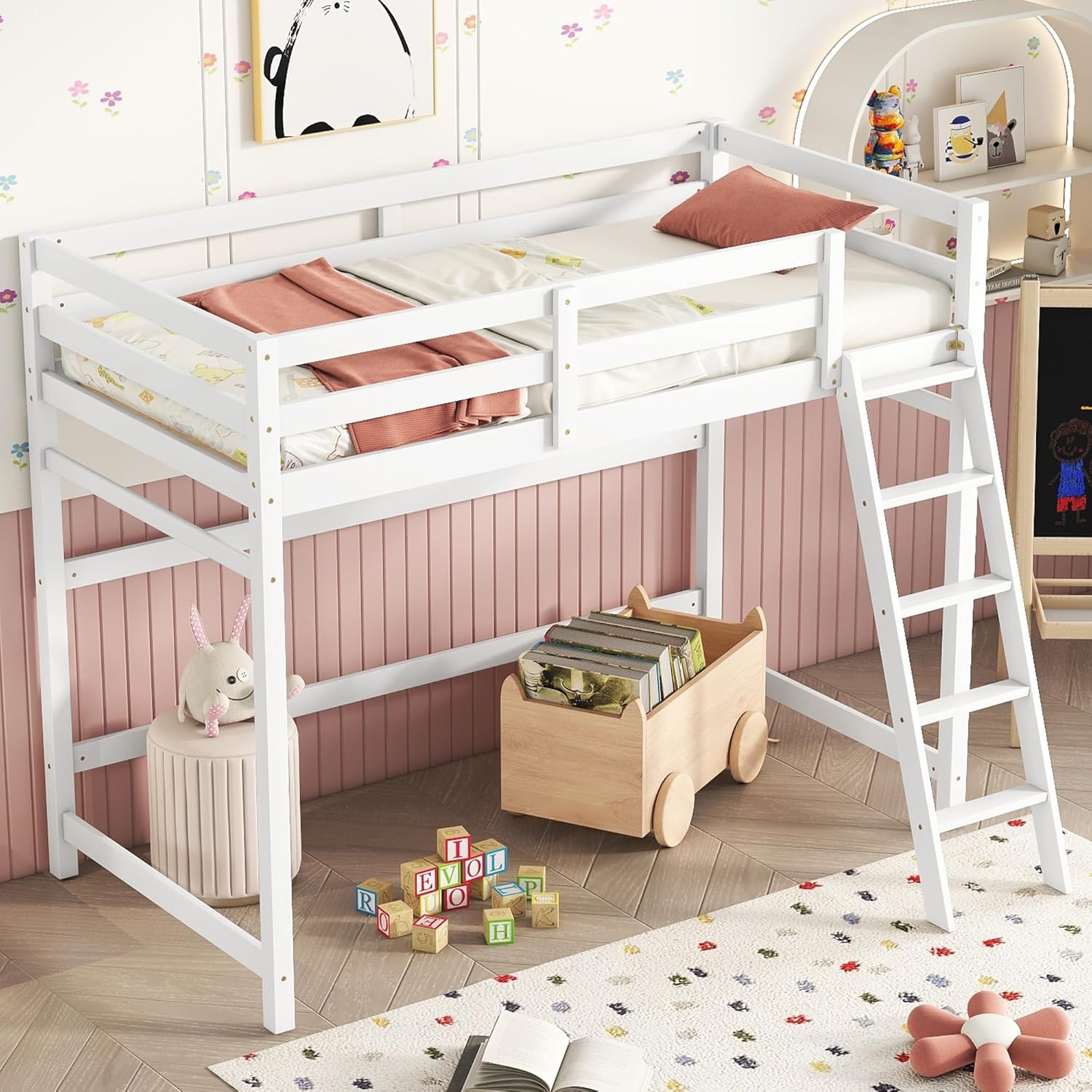 High Loft Bed with Ladder and Safety Guardrail for Kids Teens, White D580