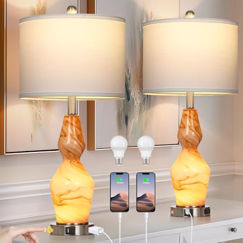 Glass Table Lamps Set of 2, 3-Way Dimmable Touch Control with USB Ports N2775