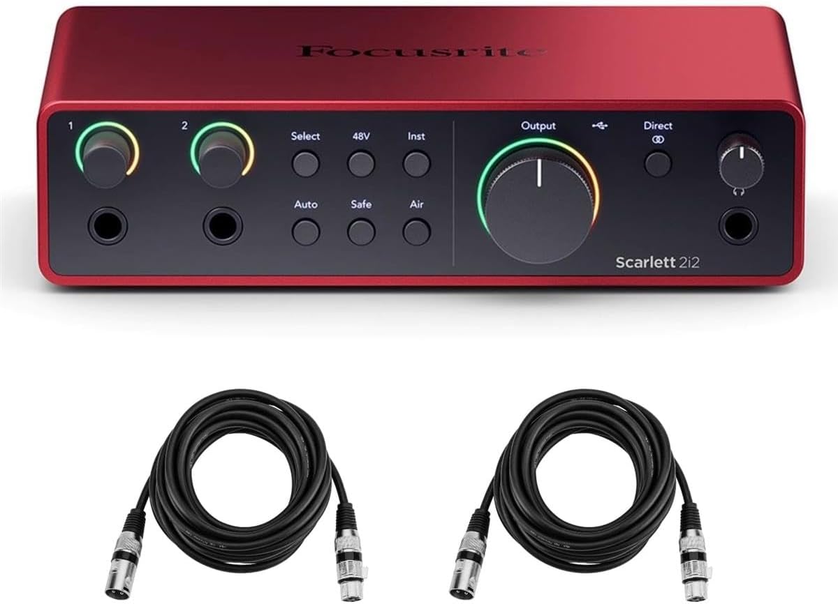 Focusrite Scarlett 2i2 4th Gen 2x2 USB Audio Interface Bundle with 2x H&A 6' XLR Cables, For PC & MAC, Great for Music Recording and Podcast (3 Items)