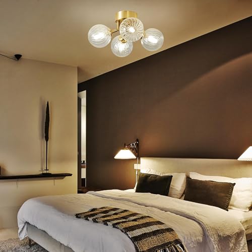 Bubble Ball Semi Flush Mount Chandelier, 13" 4-Light Brass and Clear Glass, Close to Ceiling Light Fixture V994