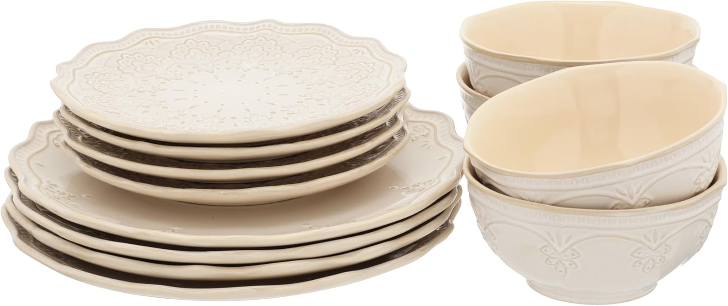 The Pioneer Woman Farmhouse Lace Dinnerware Set, 12-Piece - Linen