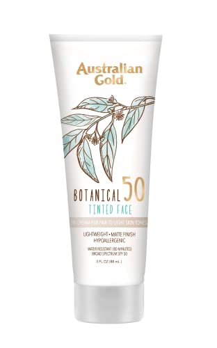 Australian Gold Botanical SPF 50 Tinted Mineral Sunscreen for Face, Non-Chemical BB Cream, Water-Resistant, Matte Finish, For Sensitive Facial Skin, Medium to Tan Skin Tones, 3 FL Oz