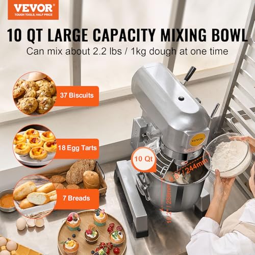 Commercial Food Mixer 10Qt, 3 Speeds, 550W, Stainless Steel Bowl U322