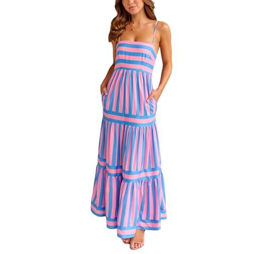 NUFIWI Women Y2k Boho Striped Maxi Dress Spaghetti Strap Graffiti Flowy Long Dress Summer Loose Beach Holiday Sundress