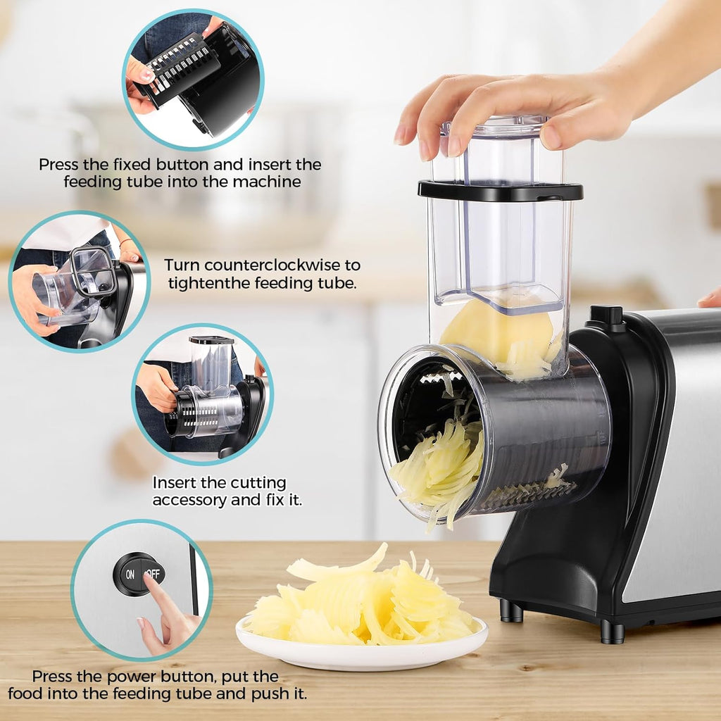 Electric Cheese Grater with 5 Attachments for Vegetables, Fruits, and Cheese O4303