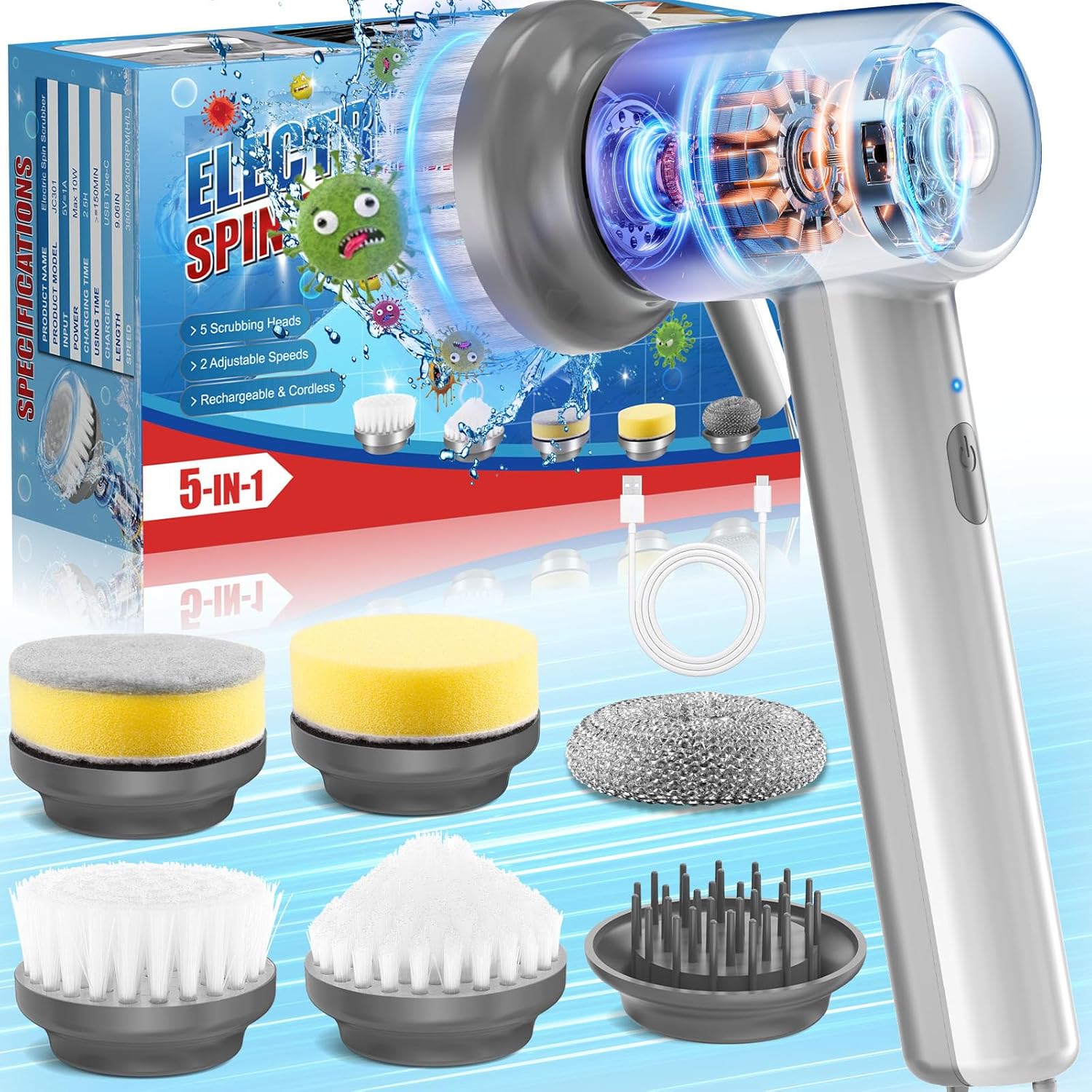 Handheld Electric Spin Scrubber, Cordless Shower Bathroom Scrubber with 5 Cleaning Brush Heads, Electric Scrubber 2-Speed, Power Scrubber Spin Brush for Cleaning for Sink Tub Dish Shoes Car Grill