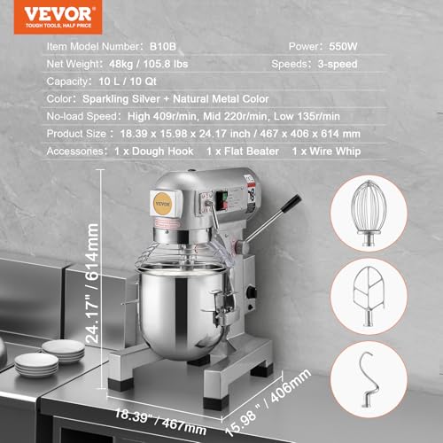 Commercial Food Mixer 10Qt, 3 Speeds, 550W, Stainless Steel Bowl U322