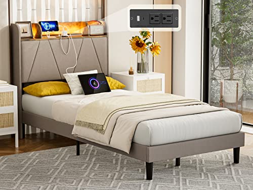 IKIFLY King Bed Frame with Charging Station & Storage Shelf Headboard - 2 Outlets and 2 USB Ports（1 Type C）- Upholstered LED Bed Frame with Solid Wood Slats, No Box Spring Needed - Light Brown