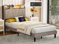 IKIFLY King Bed Frame with Charging Station & Storage Shelf Headboard - 2 Outlets and 2 USB Ports（1 Type C）- Upholstered LED Bed Frame with Solid Wood Slats, No Box Spring Needed - Light Brown