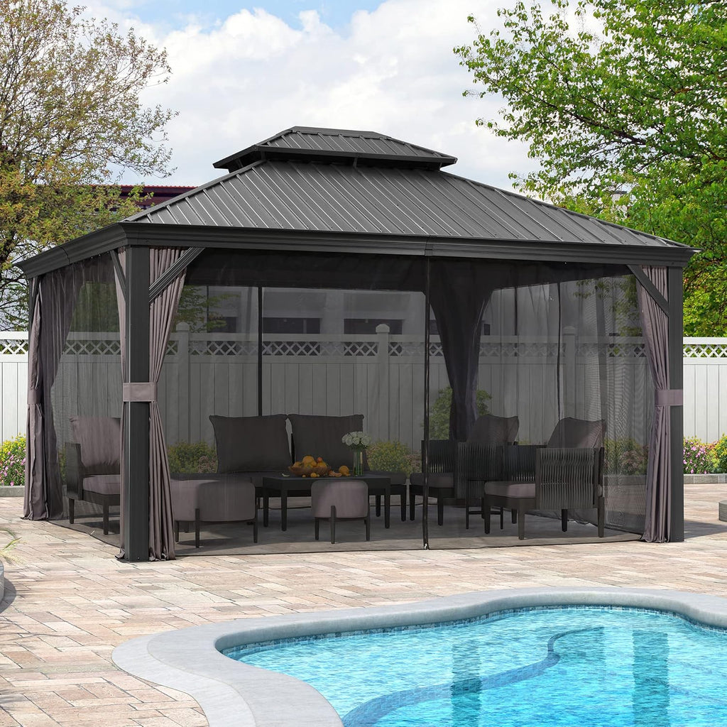 12 x 14 ft Hardtop Gazebo with Galvanized Steel Double Roof for Patio Backyard Y3352