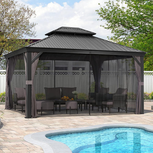 12 x 14 ft Hardtop Gazebo with Galvanized Steel Double Roof for Patio Backyard Y3352