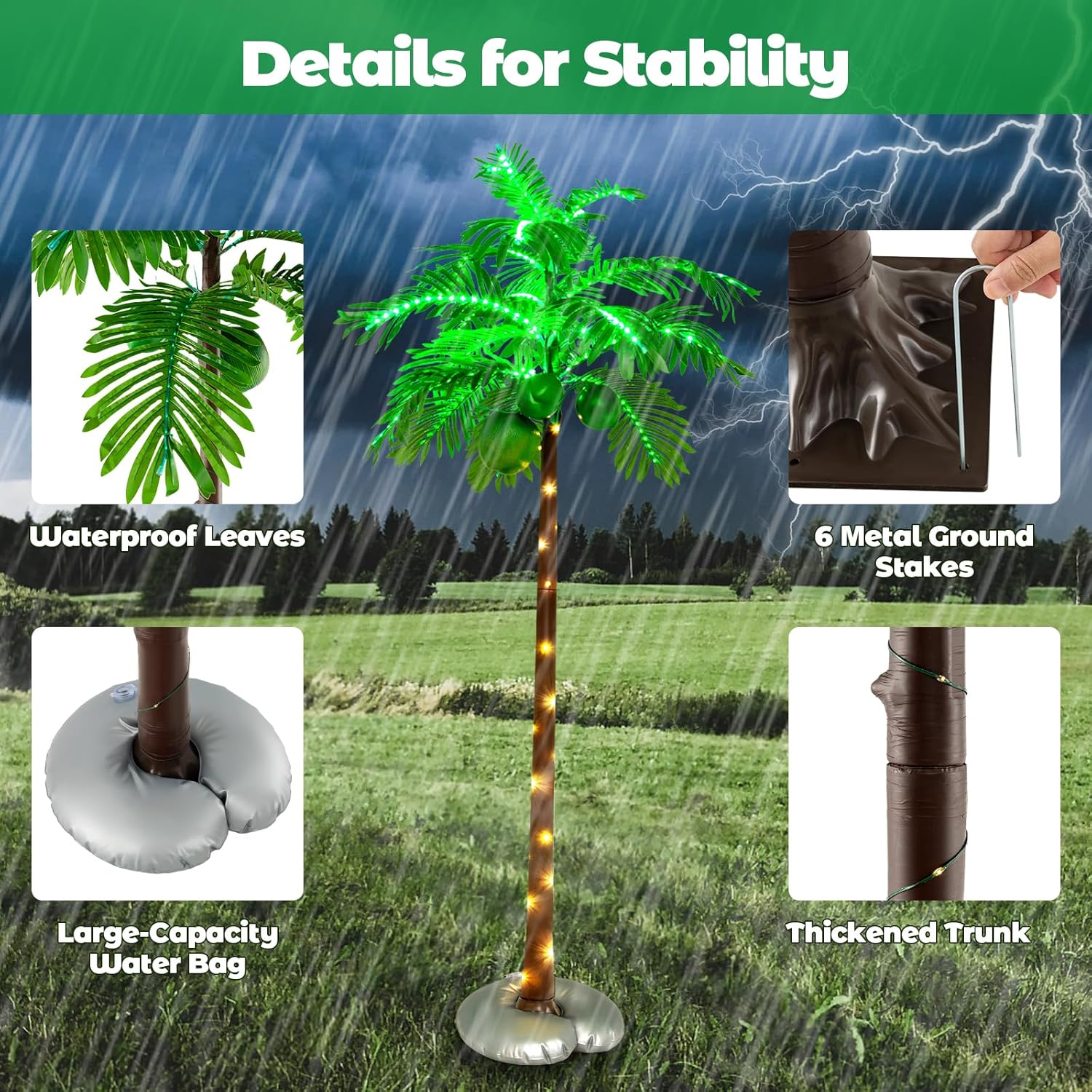 6ft Lighted Palm Tree with 3 Coconuts, 309 LED Lights, Artificial Decor for Patio, Garden, Pool G84325