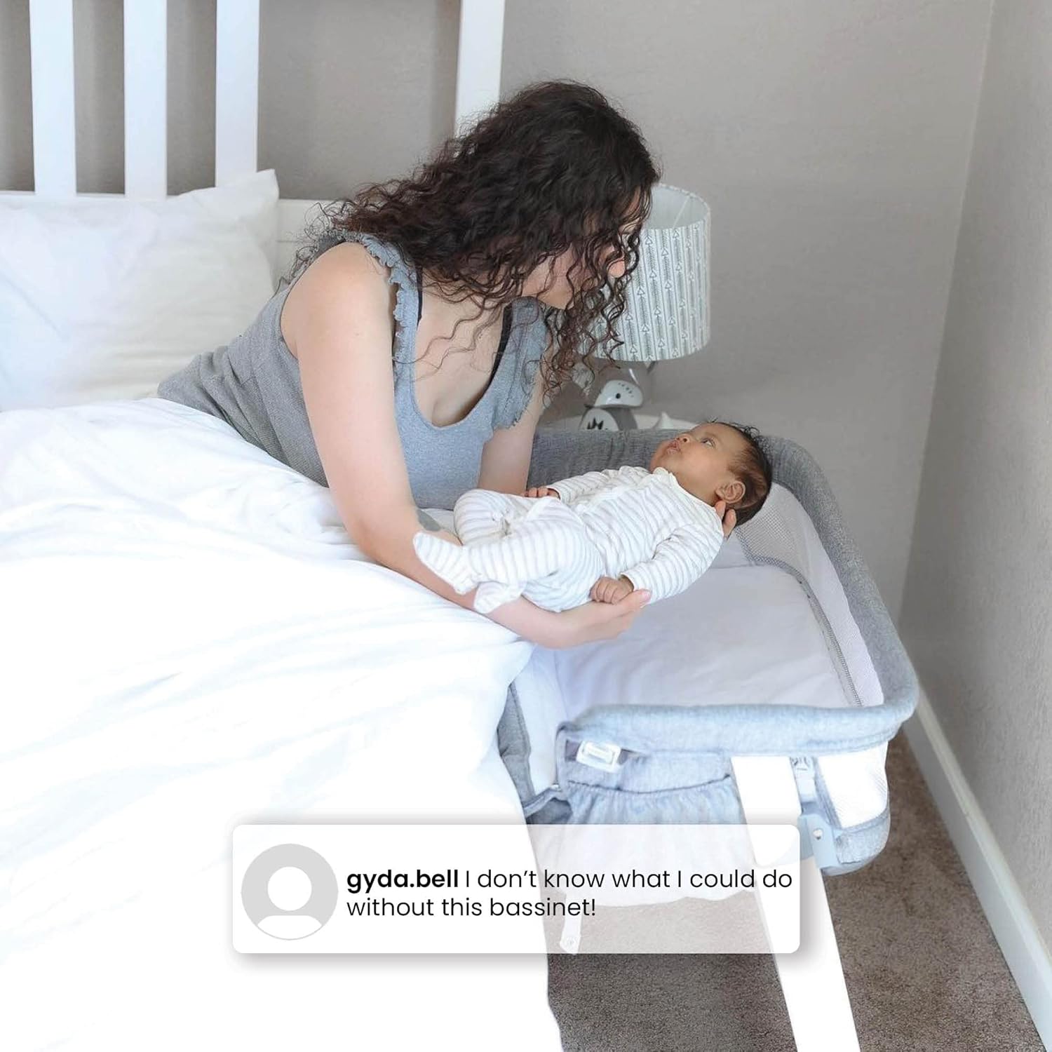 Simmons Kids Dream Bedside Bassinet with Zip-Down Side Wall, Breathable Mesh, Adjustable Heights, Lightweight Portable Crib, Grey C438517