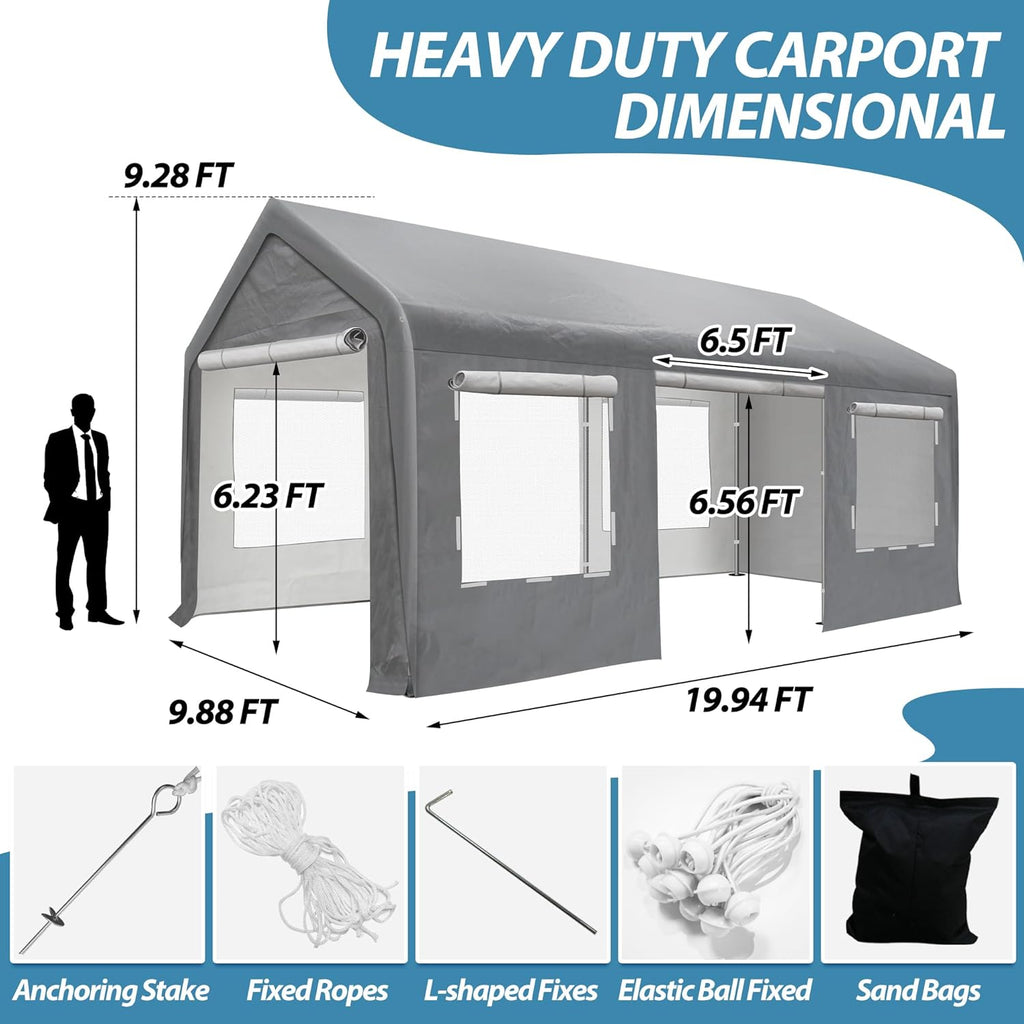10x20 ft Portable Carport Garage with Heavy Duty Metal Frame and Roll-up Doors S248825