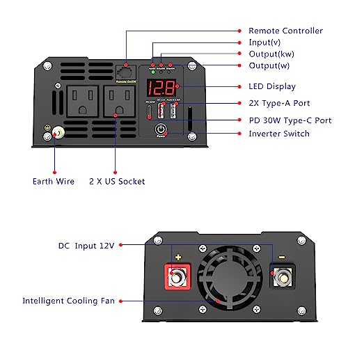 Pure Sine Wave Power Inverter 1200W 12V to 120V with USB Ports I338048