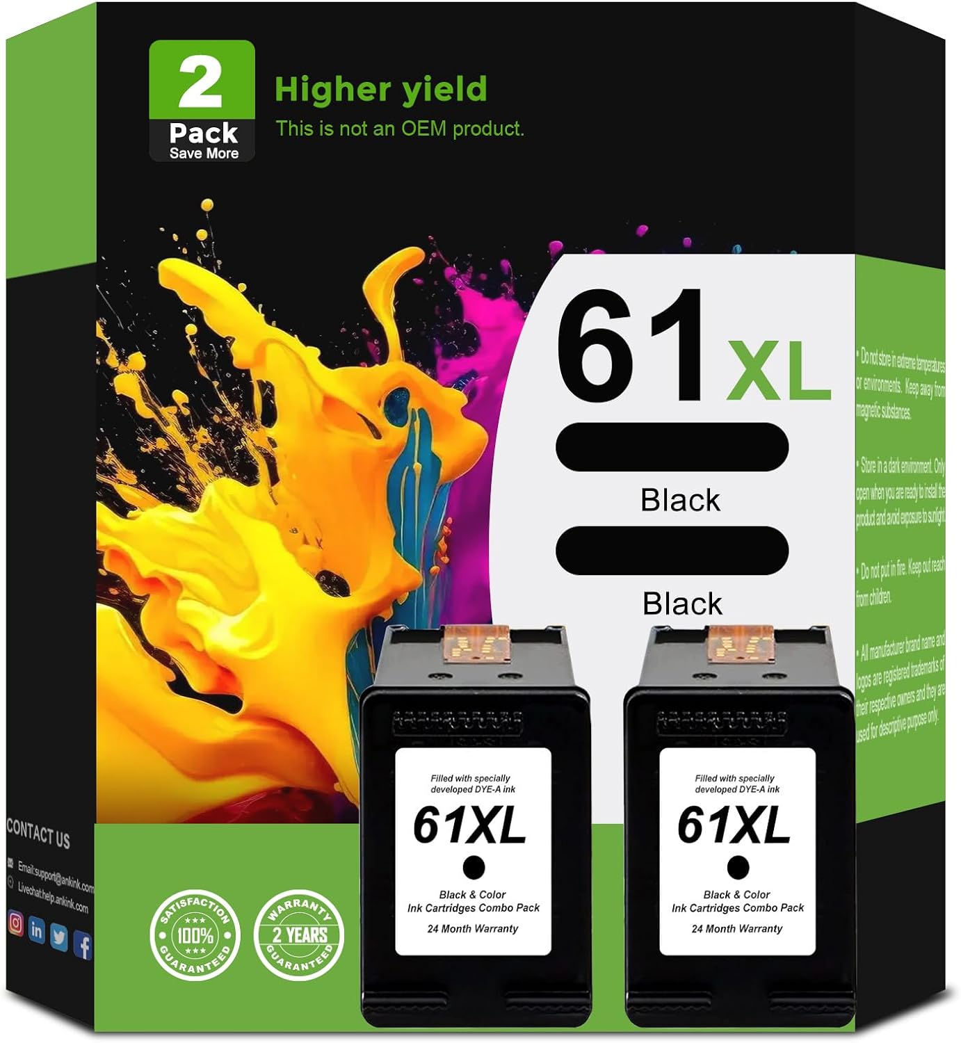 61XL Black Ink Cartridges Replacement for HP Ink 61 XL (HP61 HP61XL Black 2 Pack) Fit for 5530 4500 2540 4630 4501 4502 4635 3050 2542 2541 3510 2514 3512 1000 1010 1510 4632 Printers