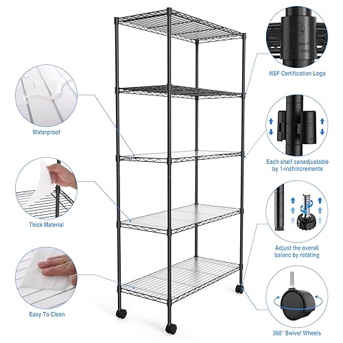 5 Tier NSF Metal Wire Shelving Unit, 60" H x 30" L x 14" D, Heavy Duty Adjustable Storage Rack with Wheels C23549