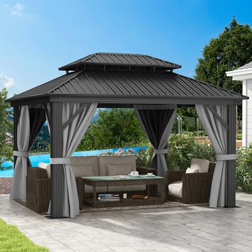 10x12ft Hardtop Gazebo Double Roof with Nettings and Curtains, Galvanized Steel Outdoor Patio N71381