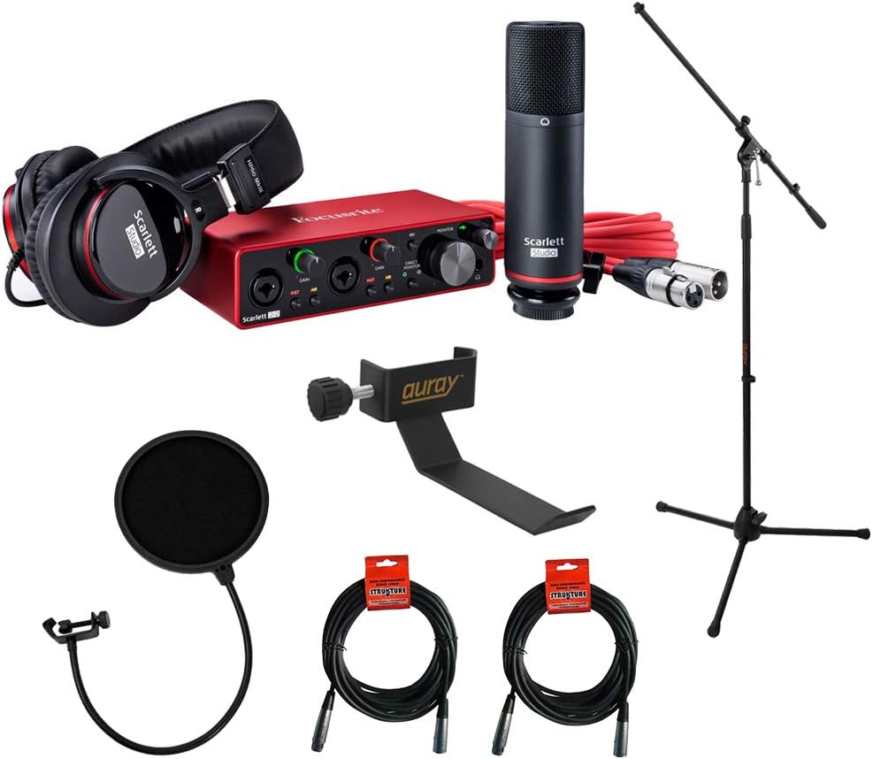 Focusrite Scarlett 2i2 Studio 3rd Gen 2-in, 2-out USB Audio Interface with Microphone & Headphones, Tripod Mic Stand + Boom, Headphone Holder, Pop Filter & 2x XLR Cable Bundle