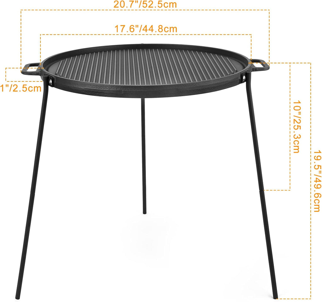 18" Cast Iron Double Sided Campfire Griddle with Handles and Adjustable Legs U681