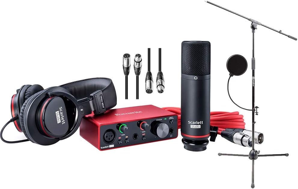 Focusrite Scarlett Solo Studio 3rd Gen USB Audio Interface and Recording Bundle with Boom Microphone Stand, Microphone Cables and Pop Filter (5 Items)