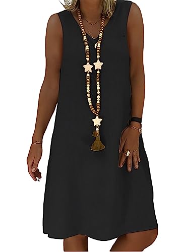 Women's Casual Summer Cotton Linen Midi Dress V Neck Sleeveless Shift Dress