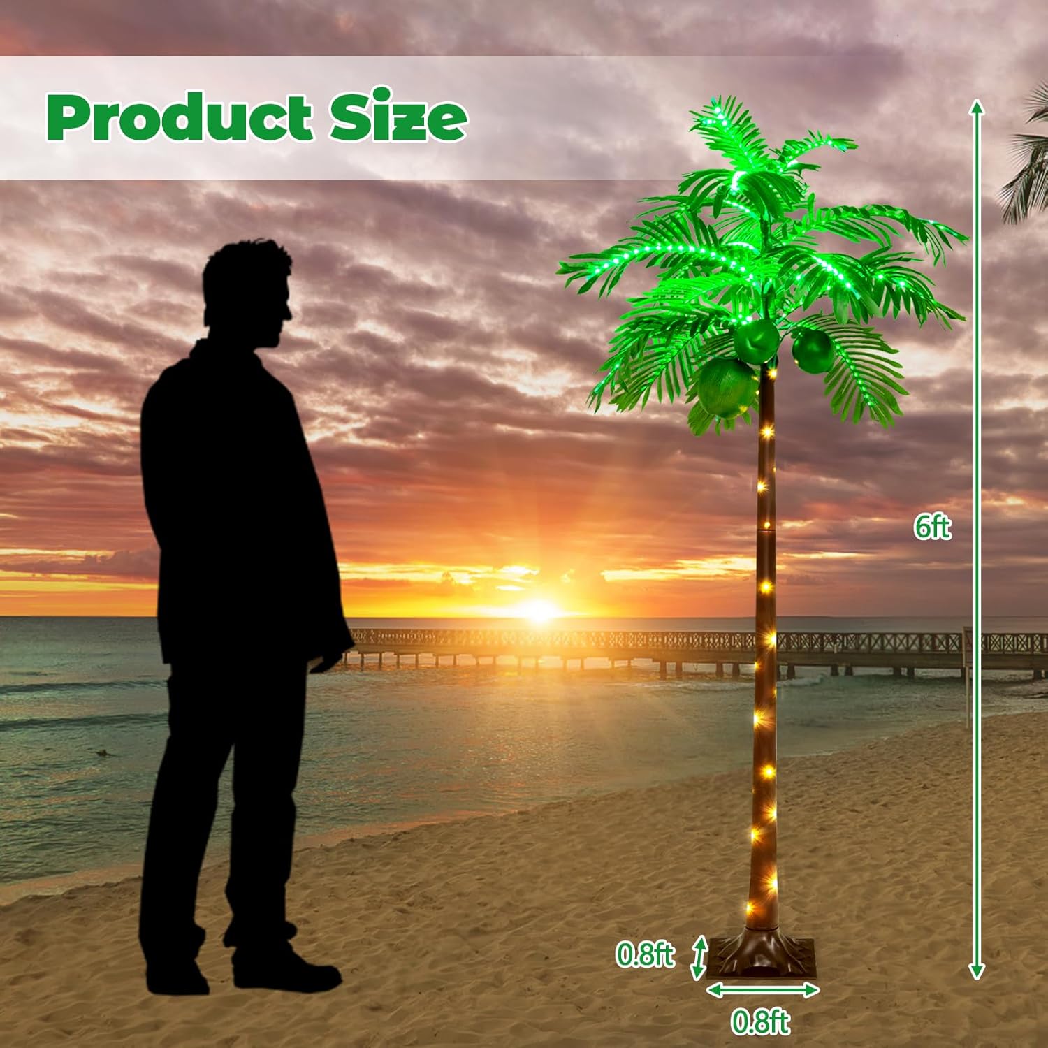 6ft Lighted Palm Tree with 3 Coconuts, 309 LED Lights, Artificial Decor for Patio, Garden, Pool G84325