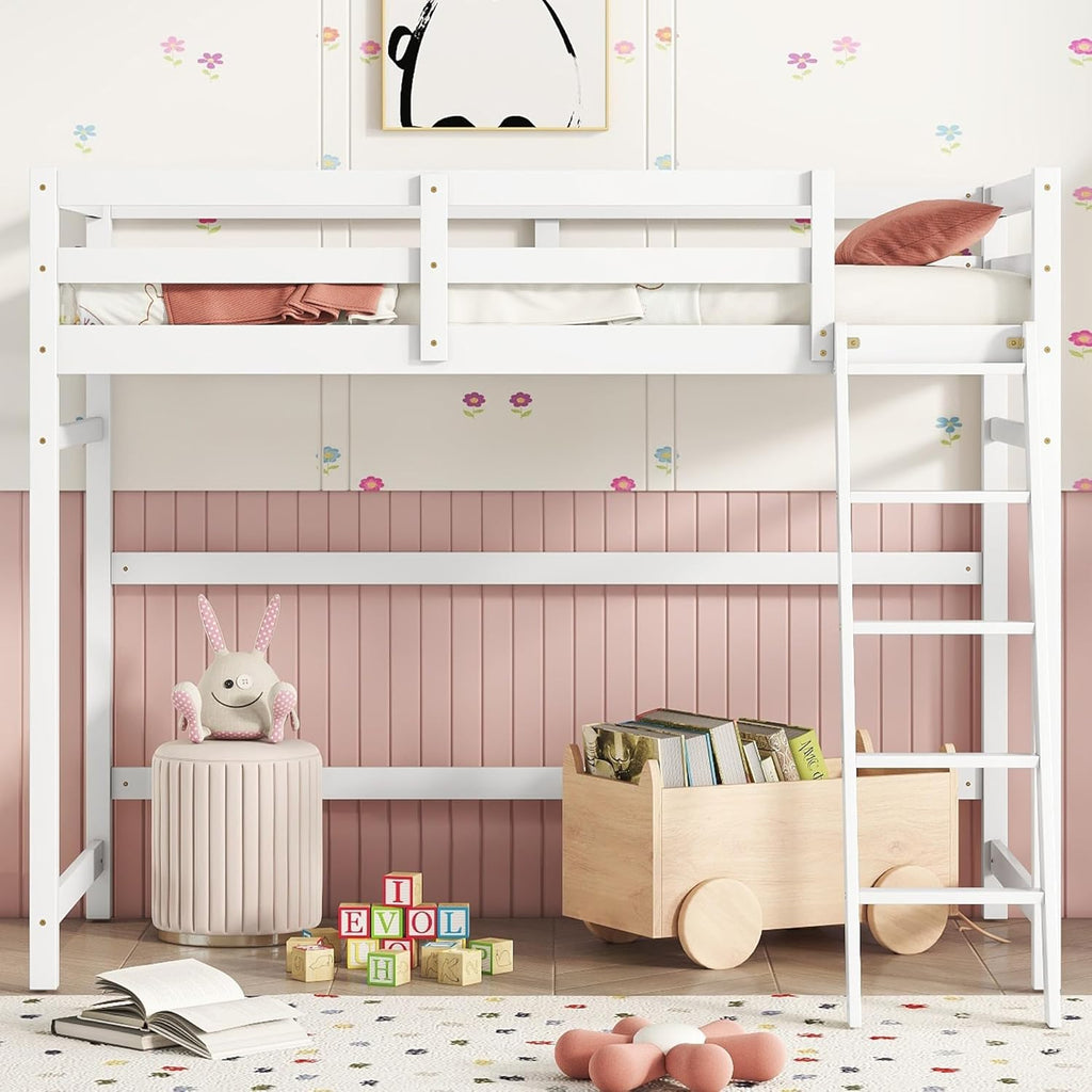 High Loft Bed with Ladder and Safety Guardrail for Kids Teens, White D580