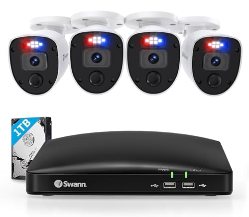 SWANN 1080P Video 8 Channel DVR Security Camera System, 1TB Hard Drive, 4 Indoor/Outdoor Cameras with Audio, Wired CCTV Home Surveillance, Color Night Vision, SwannForce LED Lights & Sirens, 846804SL