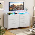 Dresser for Bedroom, 6 Drawer Double Dresser with LED Lights, Wood Chest of Drawers, Modern Storage Dresser for Bedroom, White (NSL02N)