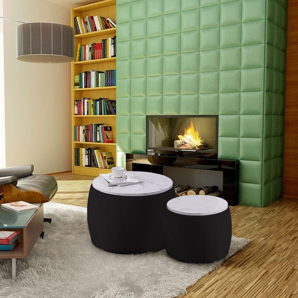 Round Coffee Table Set of 2 Nesting Storage Ottoman for Living Room, Modern Circle Ottoman Drum Side Table End Table, Velvet Fabric T38852