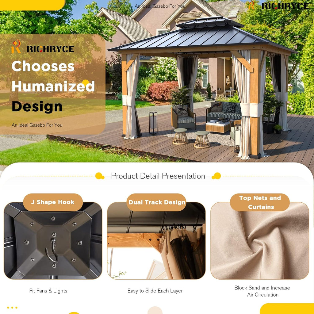 Solid Wood Gazebo with Hardtop Roof, Netting and Curtains N2070