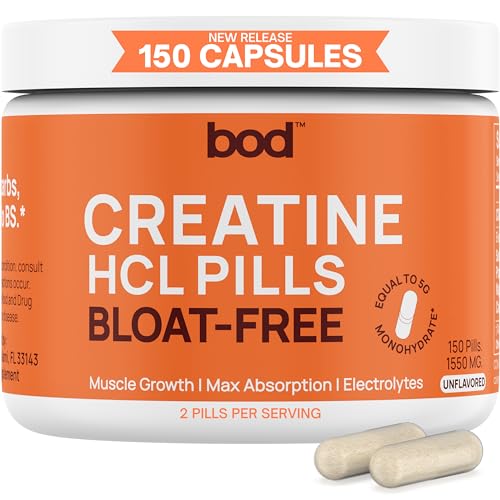 BOD Creatine Capsules HCL Pills for Muscle Support, Endurance, No Bloat, No Load, Monohydrate Micronized Alternative, Unflavored Creatine for Women and Men, Vegan, Keto, 150 Capsules, 74 Servings