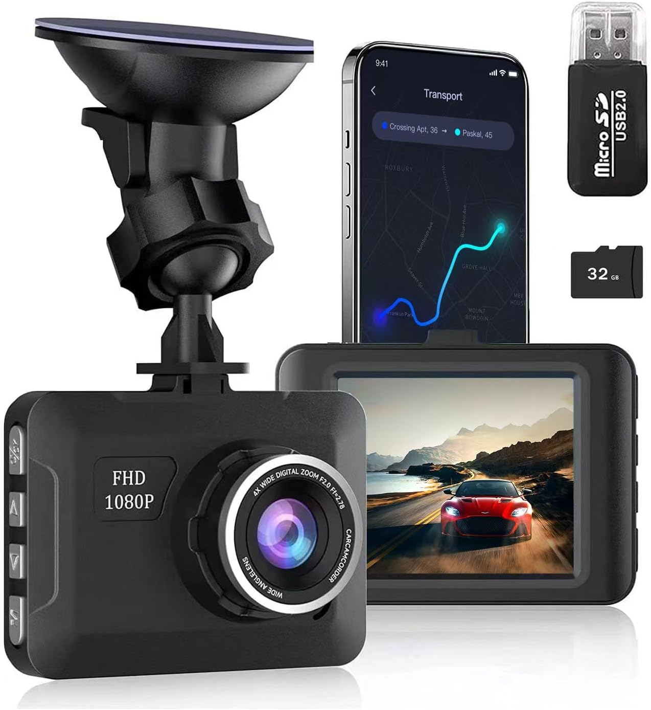 2024 New Dash Camera for Car, 1080P Full HD Dash Cam, 170° Wide Angle Dash Cam Front, Super Night Vision, WDR, Loop Recording, G Sensor, 24H Parking Monitor, Free 32GB SD Card and Card Reader
