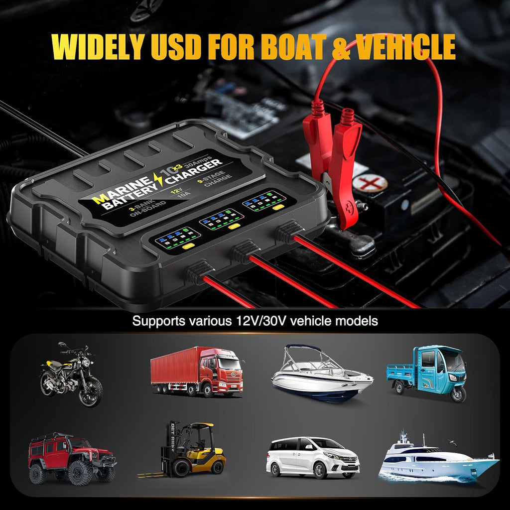 12V 30A 3-Bank Marine Battery Charger, Waterproof Onboard R9536